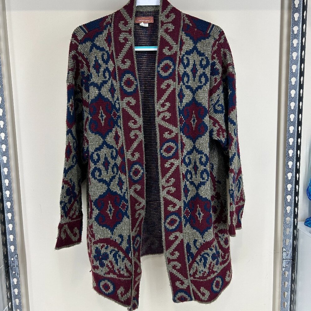 American Vtg Worthington Open Front Thick Cardigan Sz 18W Blue Maroon and Gray